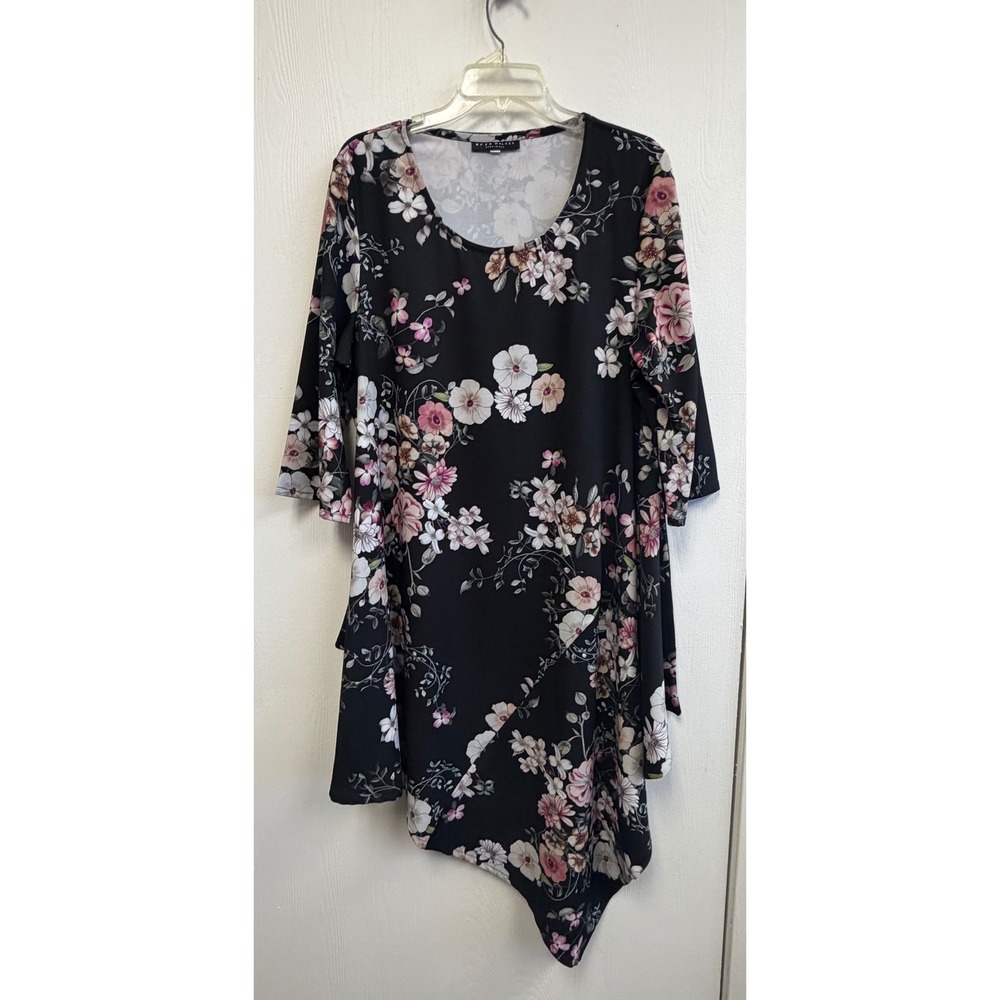 Bryn Walker Floral Lagenlook Tunic Top Asymmetrical Handkerchief Hem Black Large